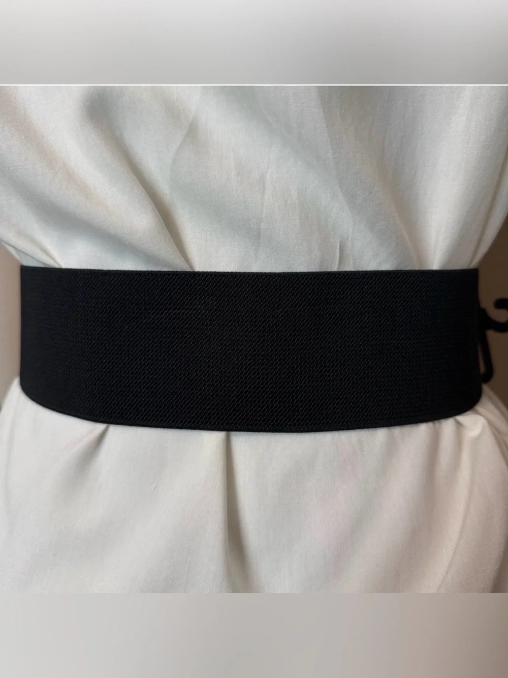 Black PU leather elastic waistband belt with silver buckle and rhinestone